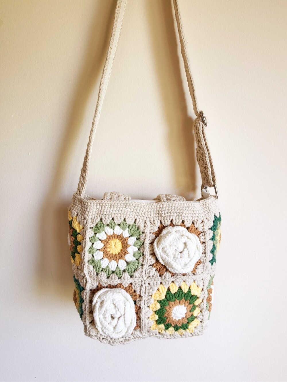 Handmade Cream Crochet Crossbody Bag with Green & Yellow Accents,Boho handbag
